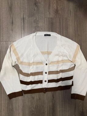 SHEIN White Cardigan with Beige and Brown Stripes
